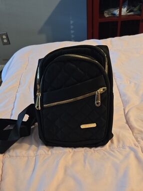 Black Quilted Sling Belt Bag with Gold Accents